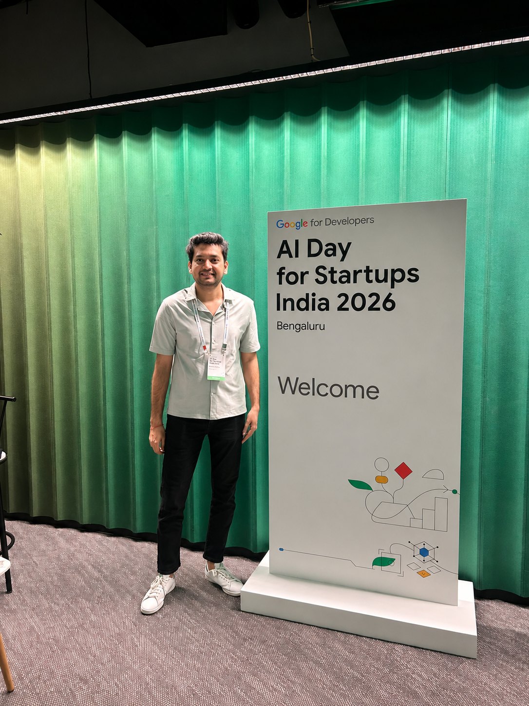 Harshit at the AI Day for Startups India 2026 welcome board at Google Ananta